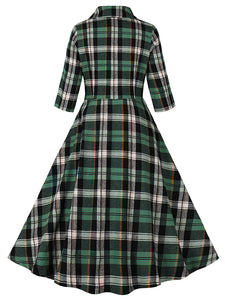 1950S Green Turndown Collar Plaid Short Sleeve Vintage Dress With Pockets