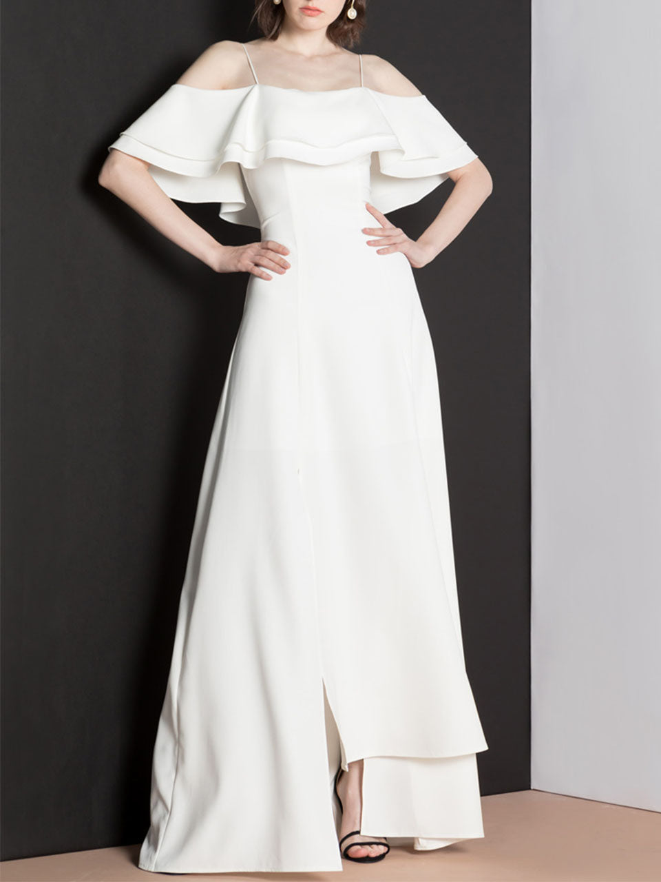 white ruffle off shoulder dress White Strapless Off Shoulder Ruffle Dress, White / XL