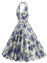 Load image into Gallery viewer, Floral Blue Bow Halter Backless 1950S Vintage Swing Dress