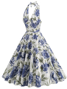 Floral Blue Bow Halter Backless 1950S Vintage Swing Dress