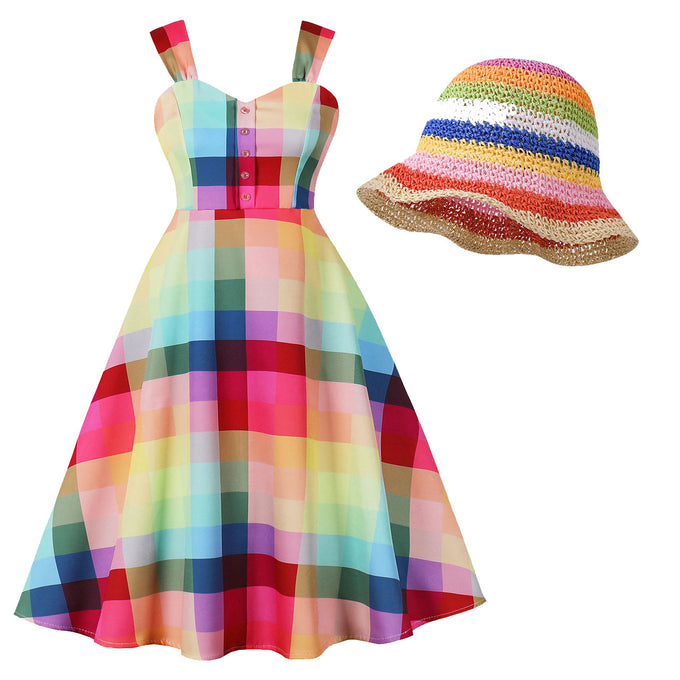 Rainbow Check Strappy Swing Dress 1950S Vintage Dress with Hat Set
