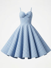 Load image into Gallery viewer, Vintage Blue Plaid Dorothy Dress, 1950s Sweetheart Neckline Retro Picnic A-Line Swing Dress