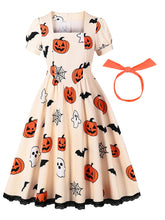 Load image into Gallery viewer, 1950s Orange Square Neck Short Sleeve Halloween Pumpkin Print Vintage Swing Dress with Headband