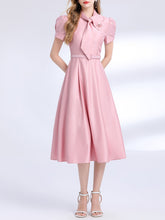 Load image into Gallery viewer, Pink Satin Bowknot Short Sleeve Classic 1950S Vintage Sweet Party Dress