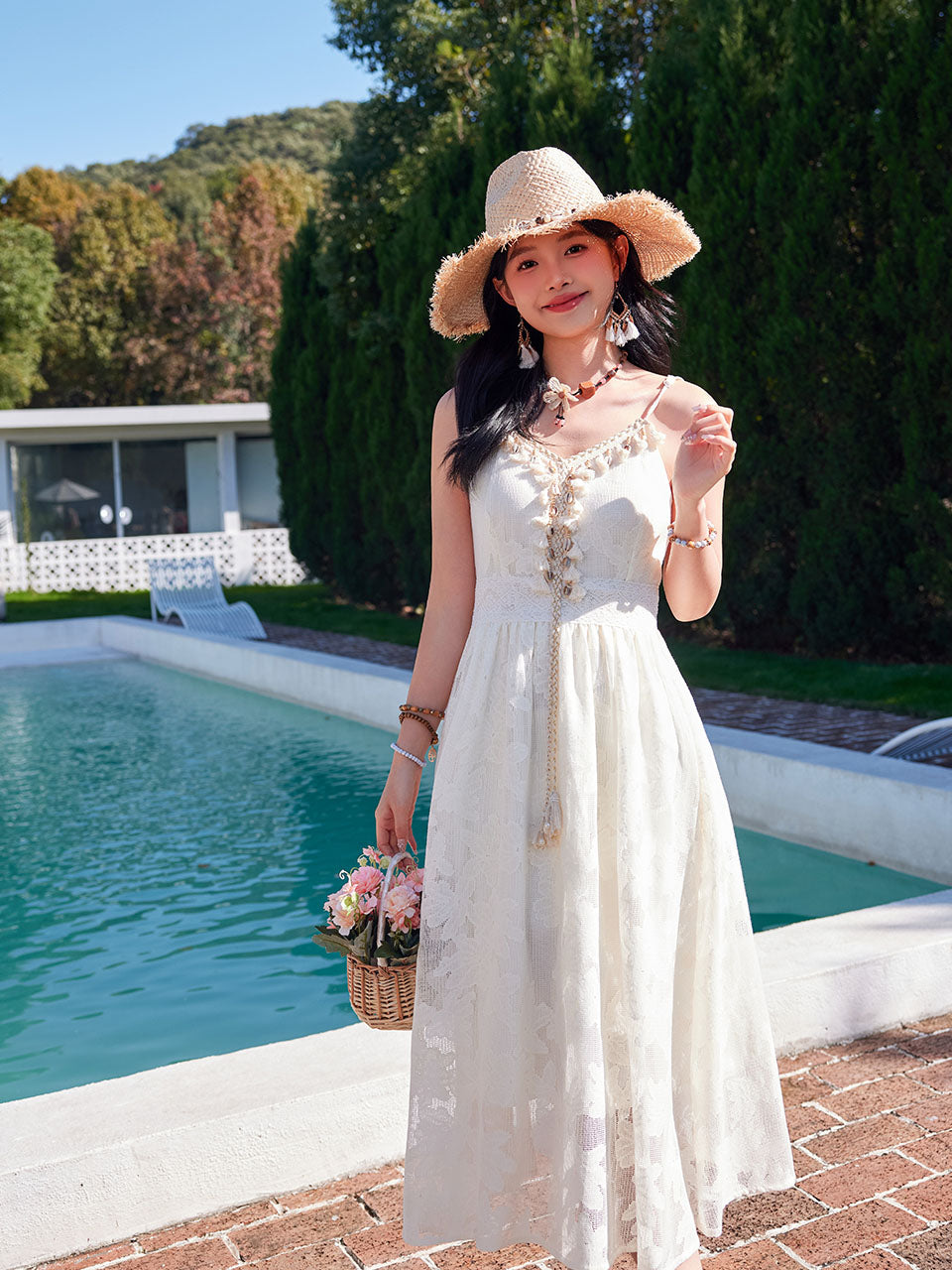 white spaghetti strap boho dress Cream Boho Spaghetti Strap Dress