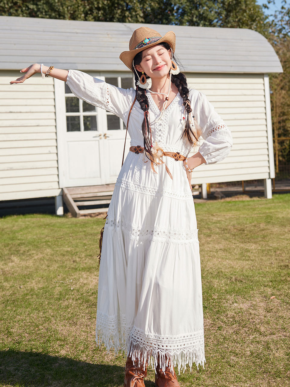 Bohemian White Long-sleeved Cotton Tassel Maxi Dress with Suede Embroidered Vest Boho Suit, White / XS Bohemian White Long-sleeved Cotton Tassel Maxi Dress with Suede Embroidered Vest Boho Suit, White / XS