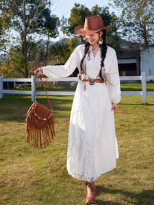 Bohemian White Embroidered Cotton Maxi Dress with Suede Embroidered Vest Boho Suit
