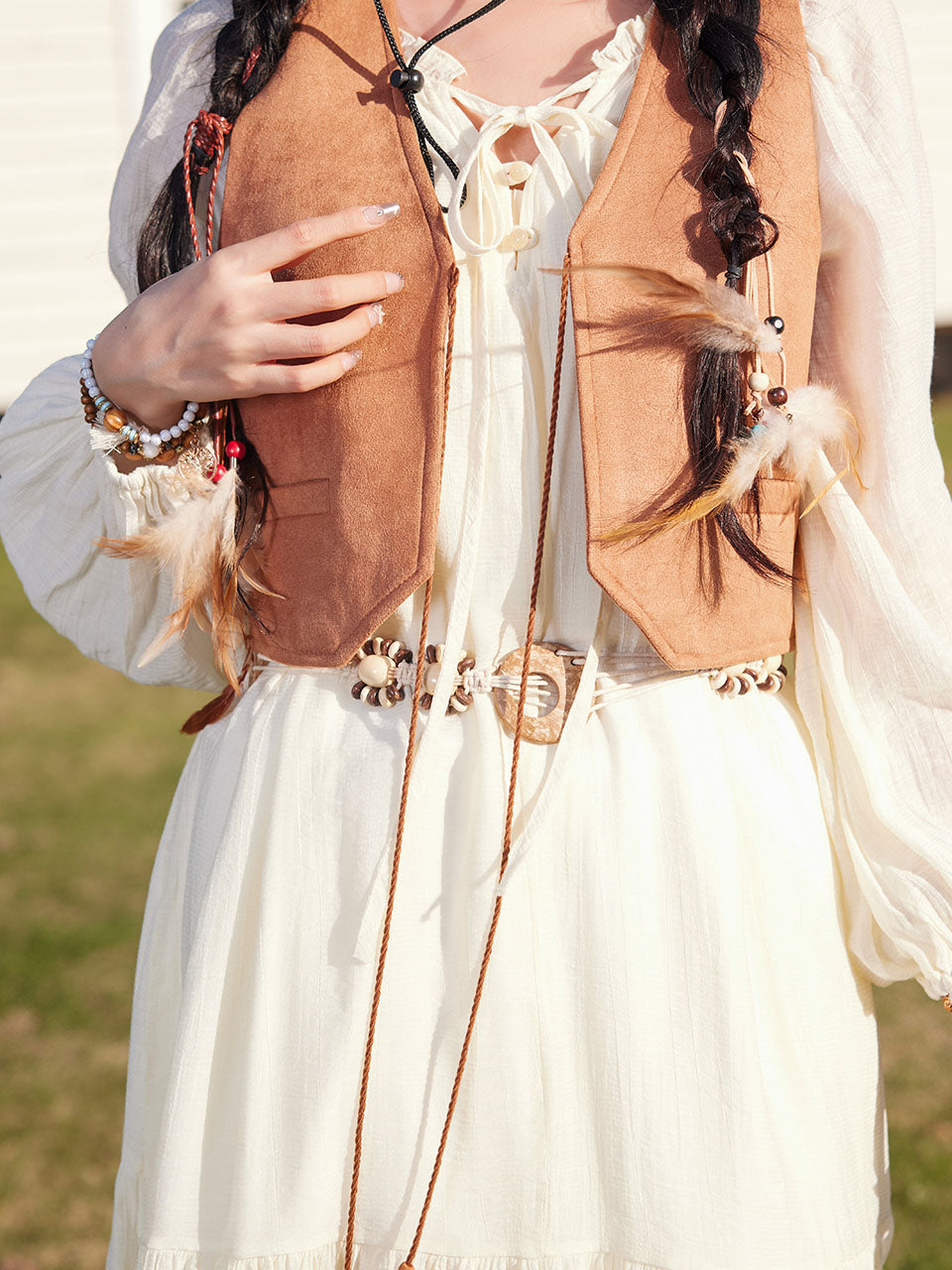 Bohemian White Ruffles Cotton Maxi Dress with Suede Embroidered Vest Boho Suit Coachella Dress Jolly Vintage Bohemian White Ruffles Cotton Maxi Dress with Suede Embroidered Vest Boho Suit Coachella Dress Jolly Vintage