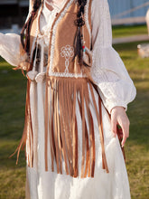 Load image into Gallery viewer, Bohemian White Tassel Cotton Maxi Dress with Suede Embroidered Vest Boho Suit
