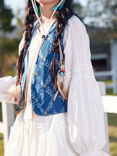 Load image into Gallery viewer, Bohemian White Long-sleeved Ruffles Mini Dress with Blue Suede Embroidered Vest Boho Suit