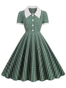 Navy Stripe Johnny Collar Short Sleeve Swing Vintage 1950S Party Dress