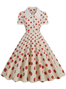 Green Polka Dots Johnny Collar Short Sleeve Swing Vintage 1950S Party Dress