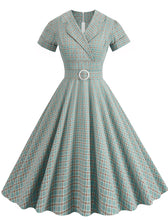 Load image into Gallery viewer, Sweat V Neck Plaid 1950S Vintage Swing Dress
