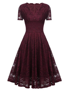 Solid Color Lace Short Sleeve V Neck 50s Party Swing Dress