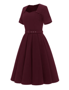 Solid Color Square Collar Short Sleeve 50s Party Swing Dress