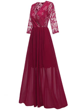 Load image into Gallery viewer, Wine Red V Neck Solid Color Lace Flower A line Vintage Maxi Dress