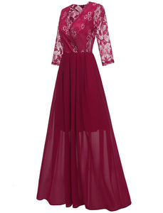 Wine Red V Neck Solid Color Lace Flower A line Vintage Maxi Dress