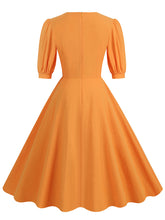 Load image into Gallery viewer, Orange Square Collar Puff Sleeve 1950S Cotton Dress