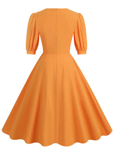 Orange Square Collar Puff Sleeve 1950S Cotton Dress