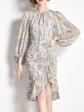 Load image into Gallery viewer, Grey Crew Neck Puff Sleeves Floral Print Bodycon Dress