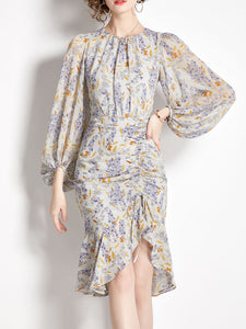 Grey Crew Neck Puff Sleeves Floral Print Bodycon Dress