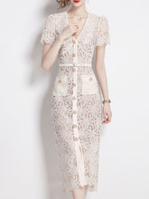 Load image into Gallery viewer, White Lace V Neck Short Sleeve Bodycon Dress