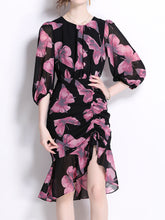 Load image into Gallery viewer, Purple Crew Neck Puff Sleeves Floral Print Slit Bodycon Dress