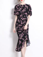 Load image into Gallery viewer, Black Crew Neck Puff Sleeves Floral Print Bodycon Dress