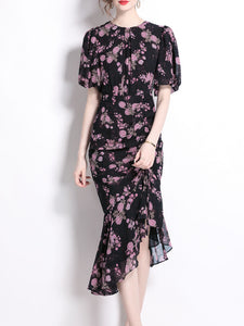 Black Crew Neck Puff Sleeves Floral Print Bodycon Dress