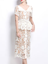Load image into Gallery viewer, White Lace Flower V Neck Short Sleeve Wasp Waist Bodycon Dress