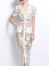 Load image into Gallery viewer, White Lace Flower V Neck Short Sleeve Bodycon Dress