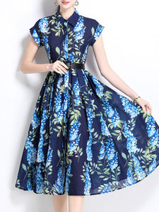 1940S Classic Shirt Collar Vintage Print Cap Sleeve Cotton Dress