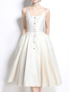 Pink Luxury Diamond Strap Satin Prom Dress With Pockets