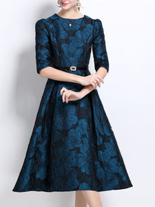 Red Luxury Flower Print High Waist Swing Vintage Dress