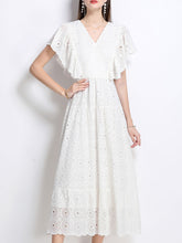Load image into Gallery viewer, Embroidered Openwork V Neck Ruffles Maxi Dress