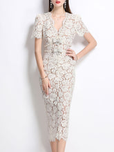 Load image into Gallery viewer, White V Neck Bow Short Sleeve 1950S Vintage Lace Bodycon Dress