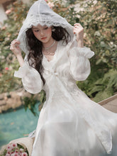 Load image into Gallery viewer, White Lace V-Neck Hooded Boho Bridal Gown Wedding Vintage Dress