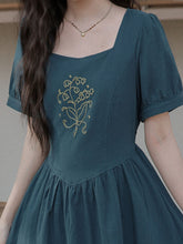 Load image into Gallery viewer, Peacock Blue Bluebell Embroidered Vintage Dress with Lace-Up Back