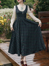 Load image into Gallery viewer, Dark Green Fake Two-piece Plaid Embroidered Swing Retro Dress