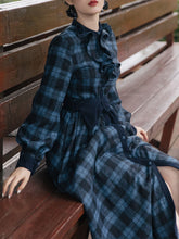 Load image into Gallery viewer, Dark Blue Plaid Ruffle 1950S Vintage Woolen Coat Swing Retro Dress