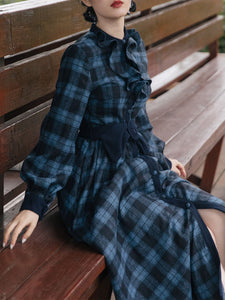 Dark Blue Plaid Ruffle 1950S Vintage Woolen Coat Swing Retro Dress