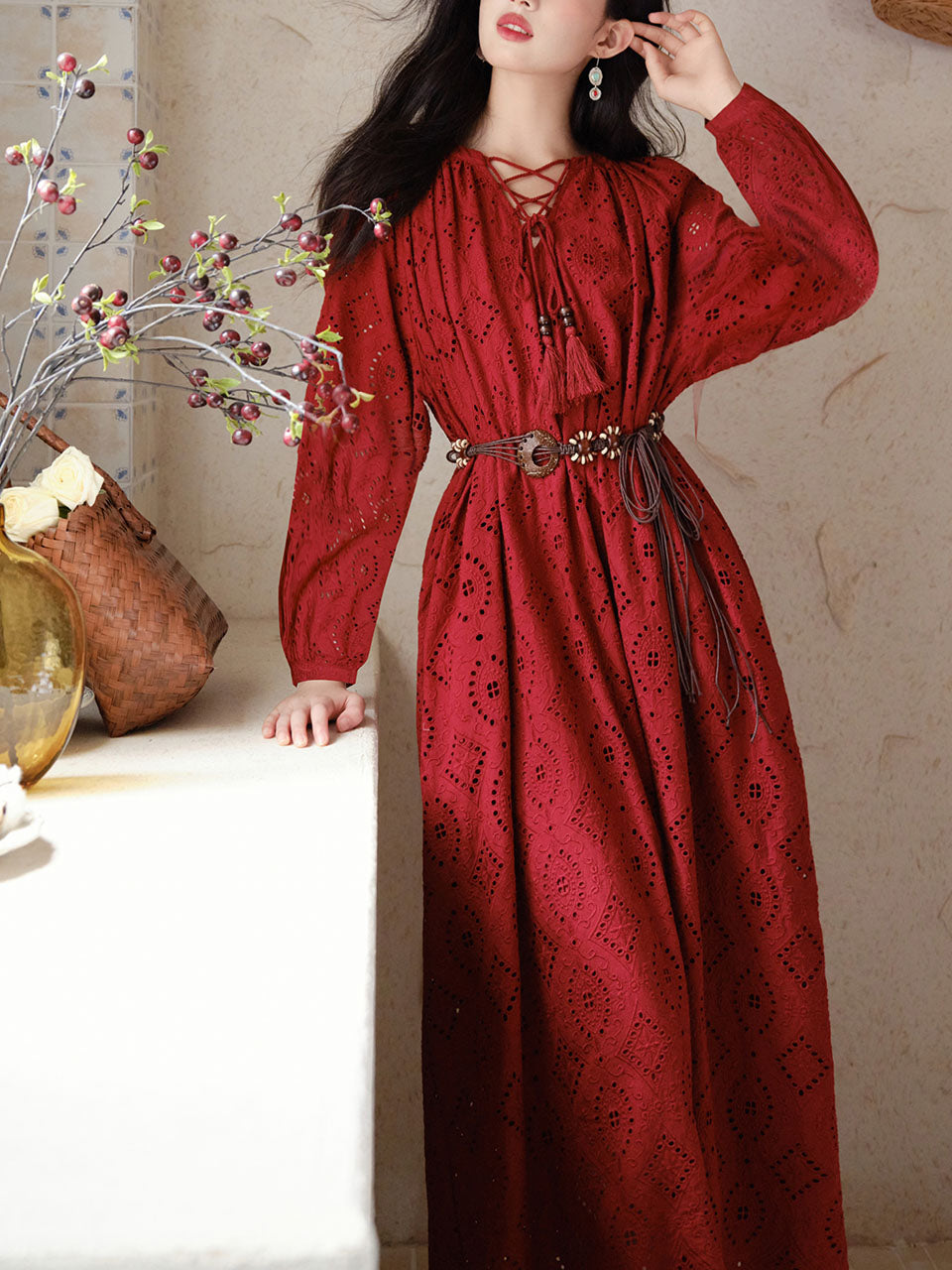 Red Embroidered Hollow Long Sleeve Tassel Holiday Bohemian Dress, Red / S
