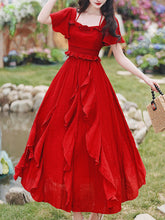 Load image into Gallery viewer, 2PS Red Rose Ruffles Spaghetti Strap Top and High Waist Swing Dress Set