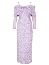 Load image into Gallery viewer, Baby Blue Off Shoulder Oversized Bow Soft Jacquard Maxi Gown with Sheer Mesh Sleeves