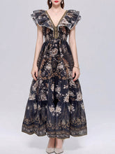 Load image into Gallery viewer, Women’s Dark Boho Floral Printed Chiffon V-Neck Ruffled Summer Beach Maxi Dress