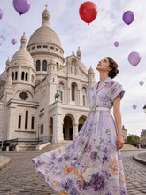 Load image into Gallery viewer, Women's Short Dolman Sleeve Purple Floral Print Midi Dress with Lapel Collar