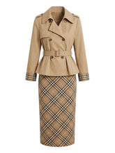 Load image into Gallery viewer, Classic khaki Plaid Trim Trench Jacket and Pencil Skirt Set