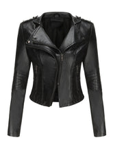 Load image into Gallery viewer, Women's Navy Blue Faux Leather Motorcycle Jacket | Slim Fit Asymmetrical Zip Moto Biker Coat