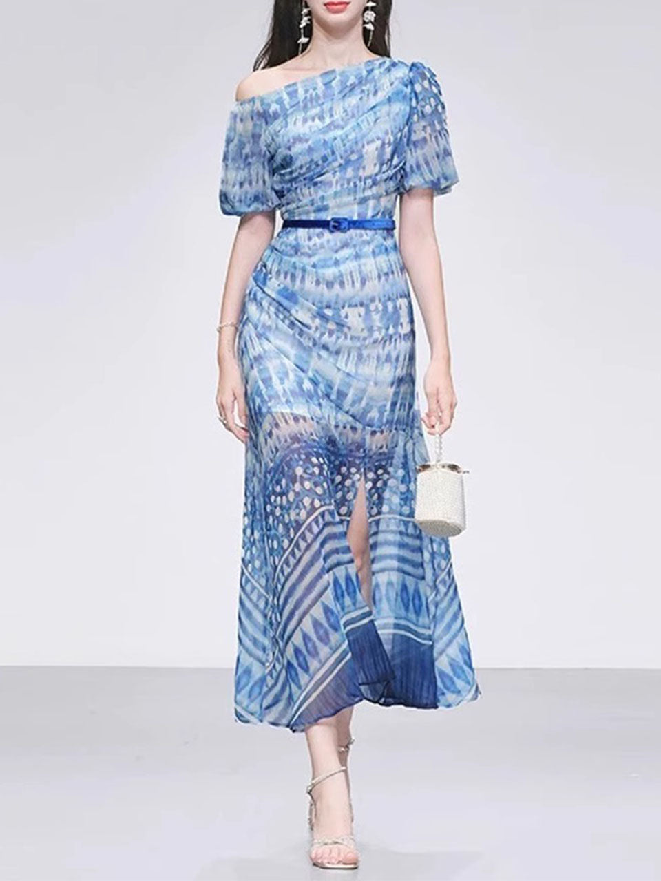 open lace back dress Blue One Shoulder Lantern Sleeve Printed Fishtail Vintage Dress, Blue / S