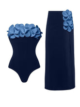Load image into Gallery viewer, Navy Style Strapless Floral Petal Swimsuit Monokini and Side Slit Beach Maxi Skirt Set